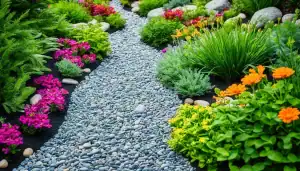 A lush, colorful garden pathway with vibrant flowers and decorative rocks, perfect for outdoor lands.