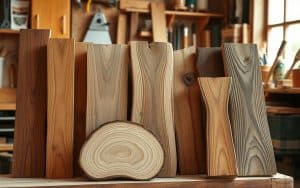 A wooden display of various natural wood samples in a workshop setting.